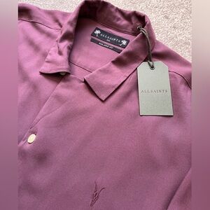 NWT Mens All Saints Relaxed Fit Short Sleeve Button Up Shirt Maroon XXL Viscose